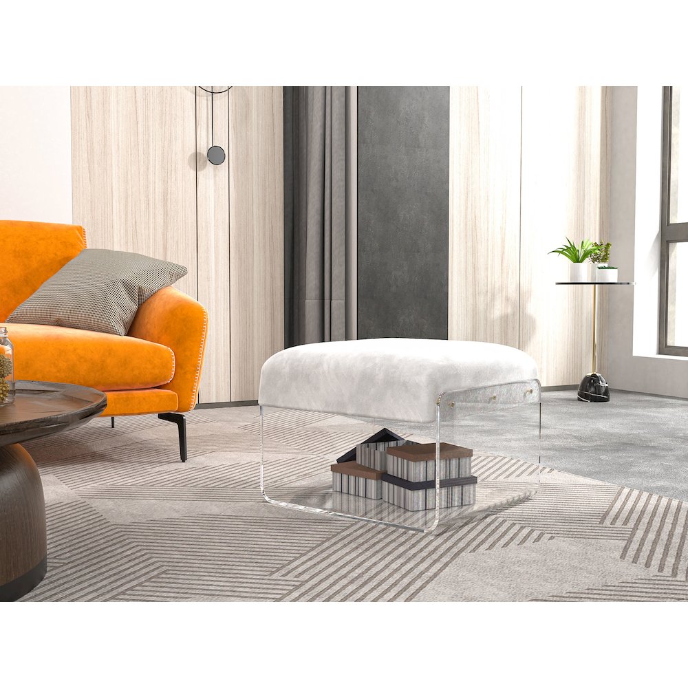 White Lucite Acrylic Padded Square Ottoman Bench Seat