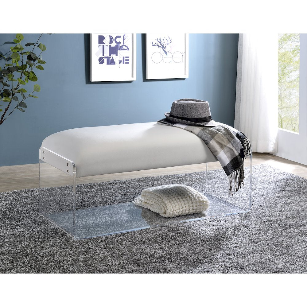 White Acrylic Lucite Wide Upholstered Bench Seat Decor