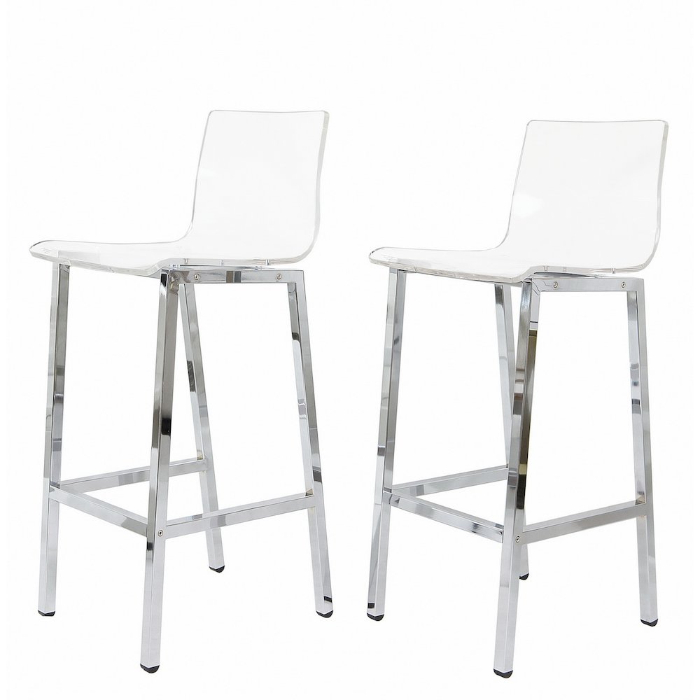 Clear Chrome Lucite Acrylic Tall Bar Stool Set of 2