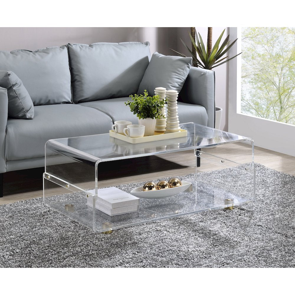 Gold Acrylic Coffee Table Glam Lucite Clear Glass Frame