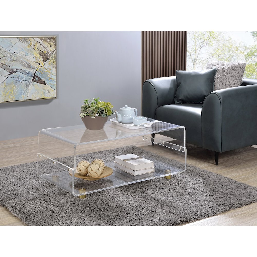 Gold Acrylic Coffee Table Glam Lucite Clear Glass Frame