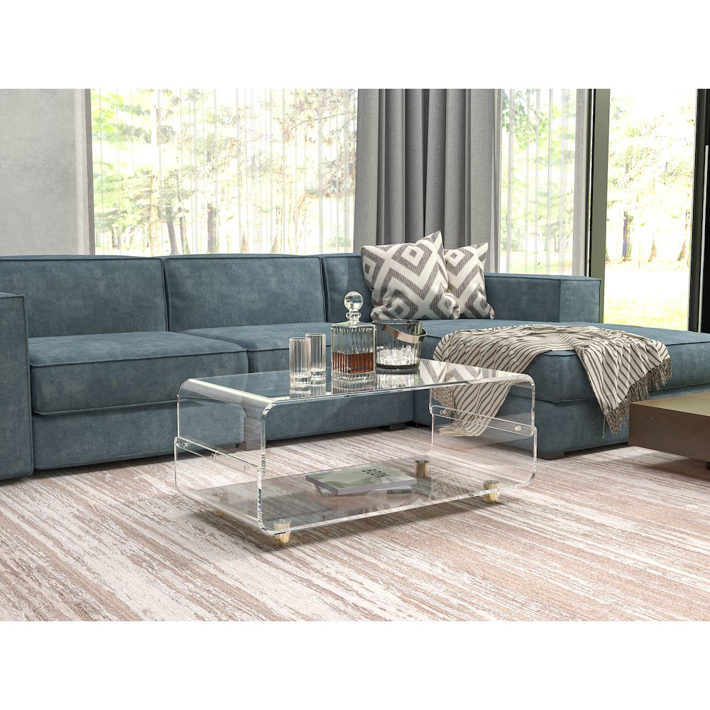 Gold Acrylic Coffee Table Glam Lucite Clear Glass Frame