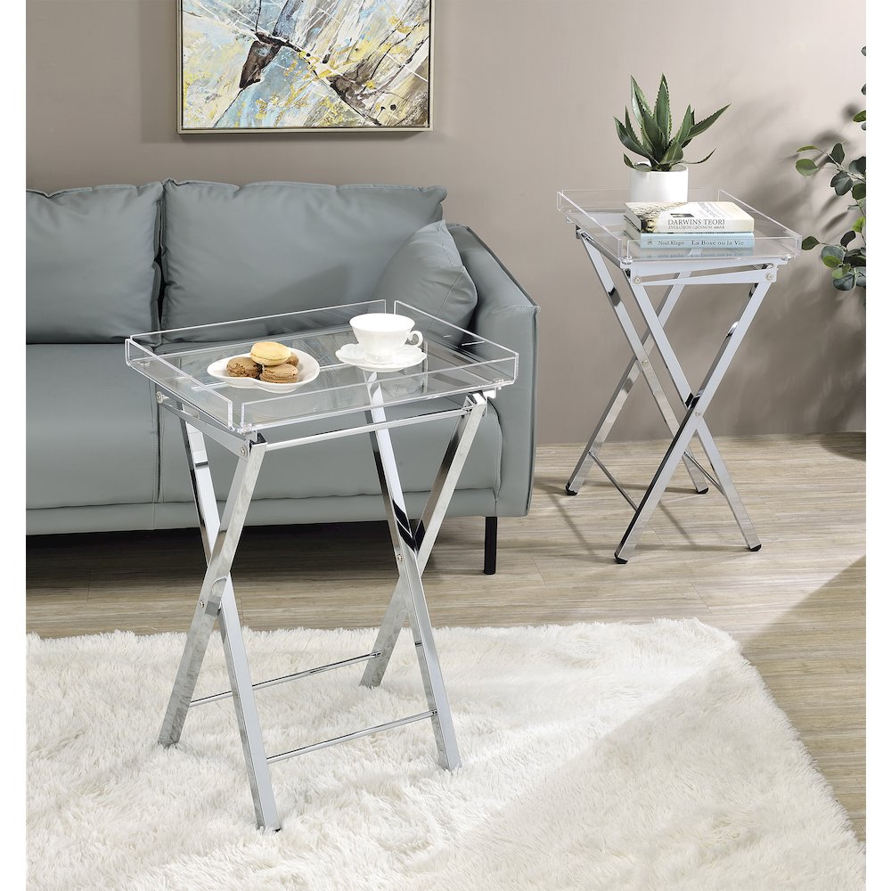 Clear Chrome Lucite Acrylic Folding End Table Set of 2