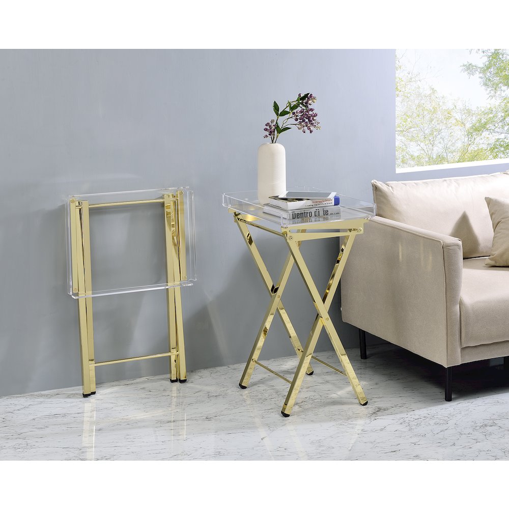 Gold Lucite Acrylic Folding End Table Glam Set of 2