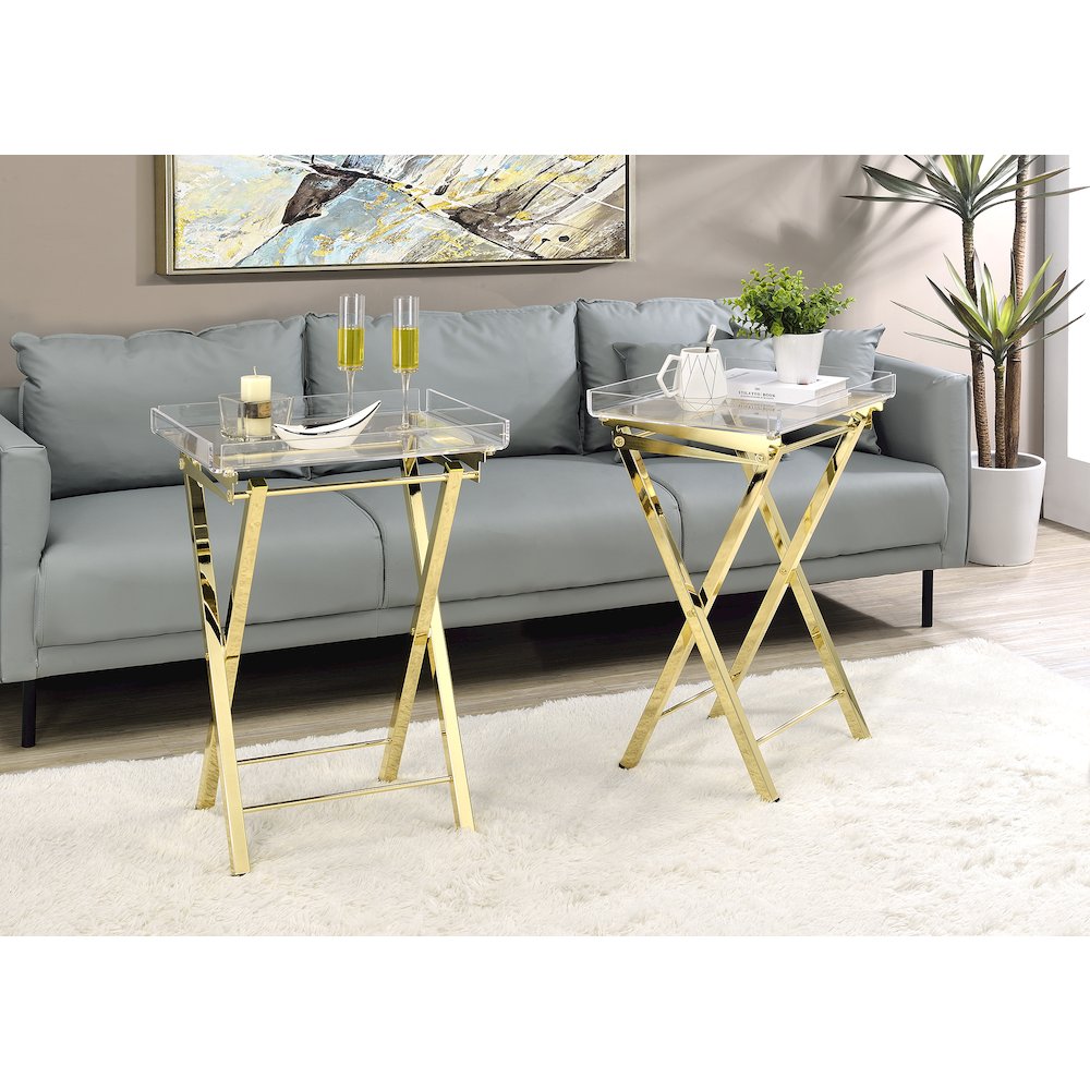 Gold Lucite Acrylic Folding End Table Glam Set of 2