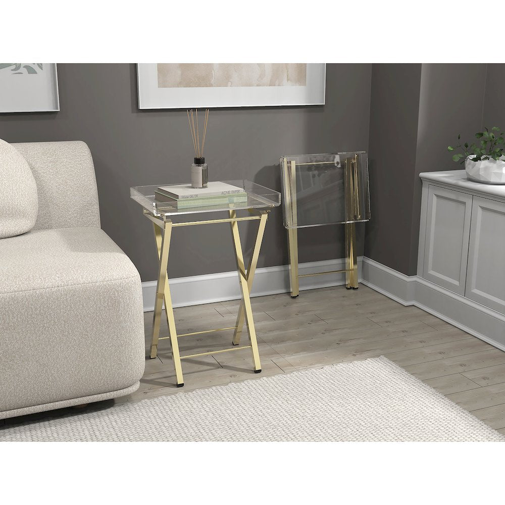 Gold Lucite Acrylic Folding End Table Glam Set of 2