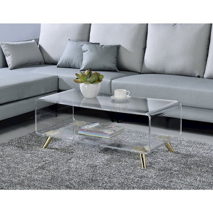 Gold Lucite Acrylic Two-Tier Coffee Table Metal Frame
