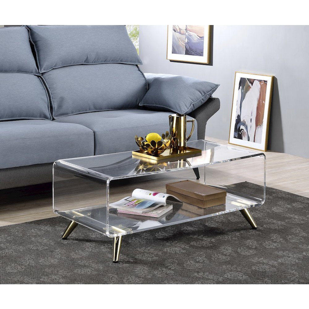 Gold Lucite Acrylic Two-Tier Coffee Table Metal Frame