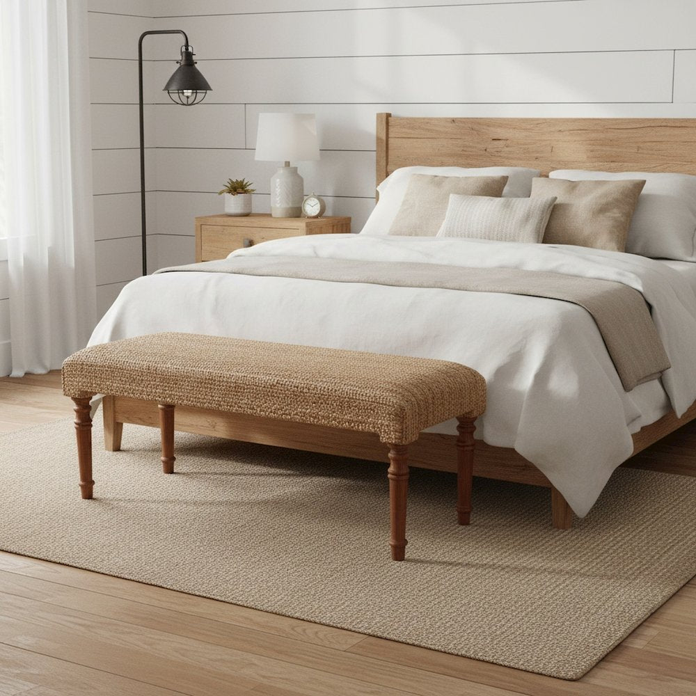 Brown Braided Jute Natural Bench Wooden Frame Legs