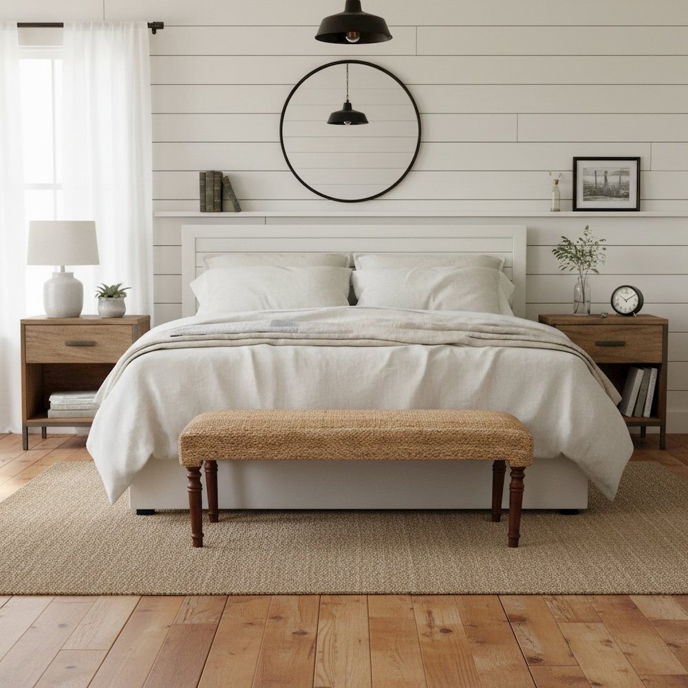 Brown Braided Jute Natural Bench Wooden Frame Legs
