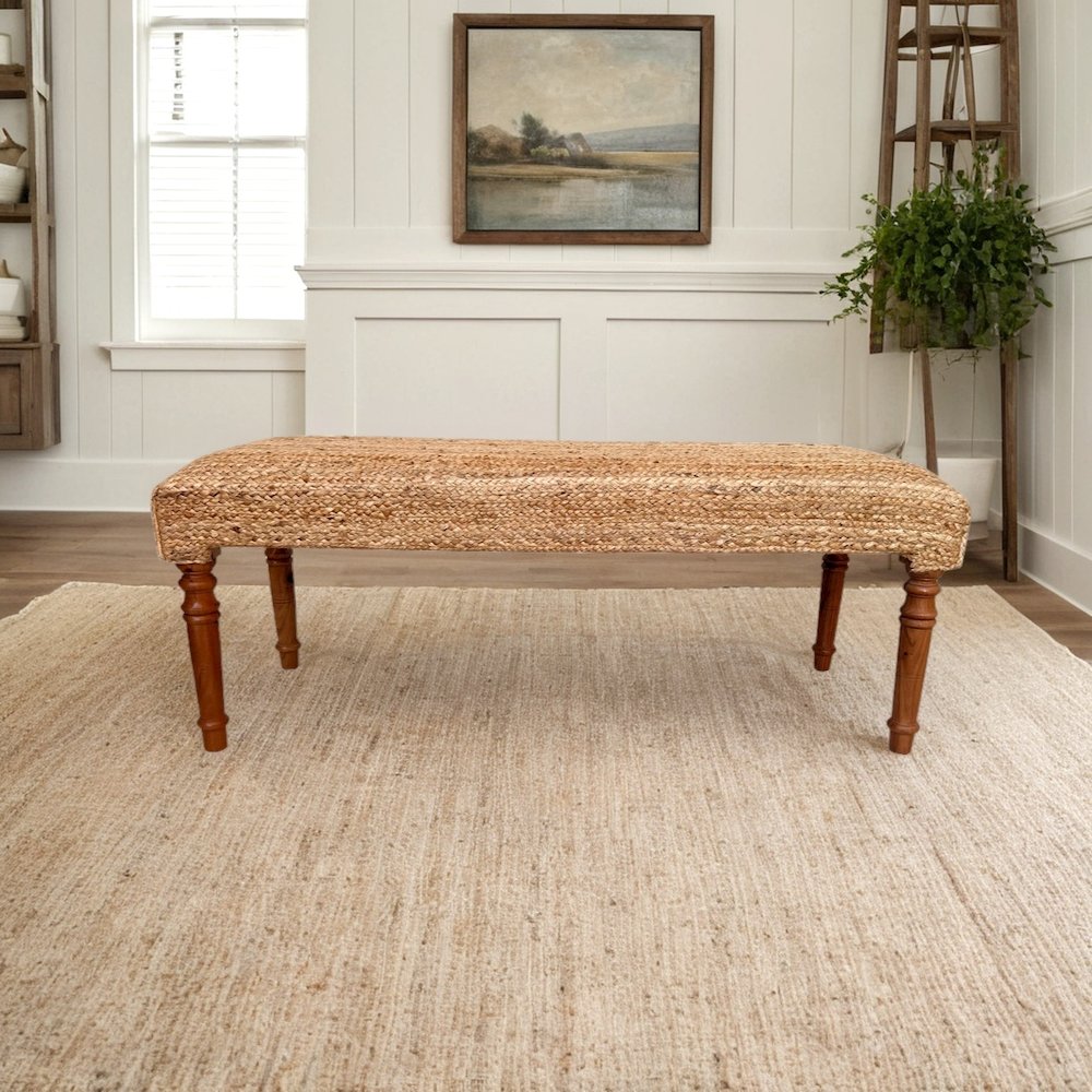 Brown Braided Jute Natural Bench Wooden Frame Legs