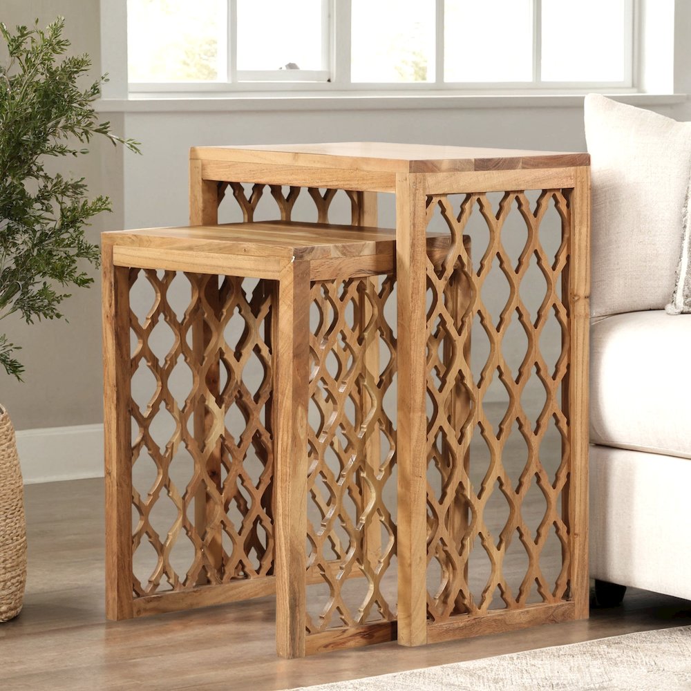 Brown Solid Acacia Wood Nesting Side Tables Set of 2