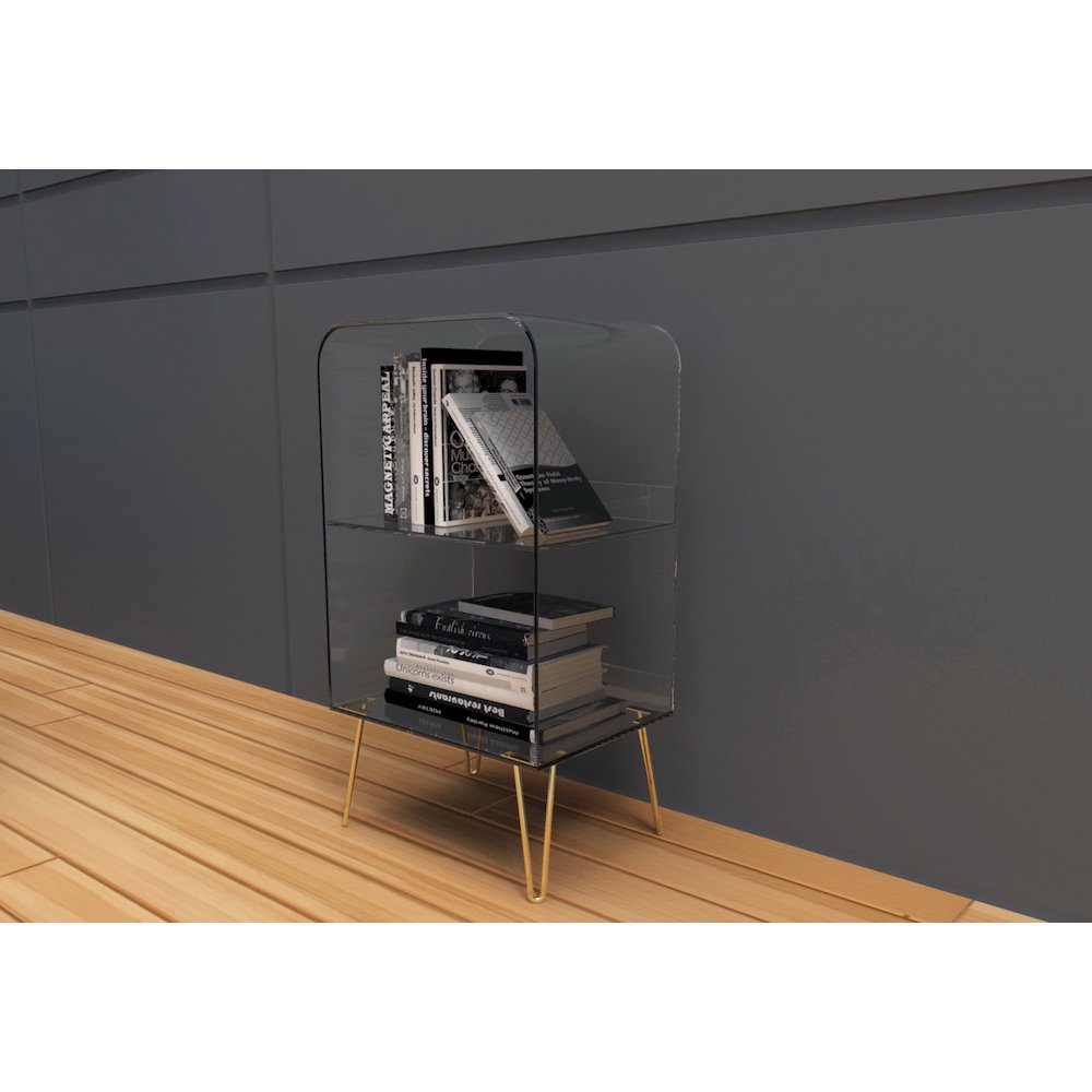 Gold Lucite Acrylic 2-Tier Open Bookshelf Hairpin Legs