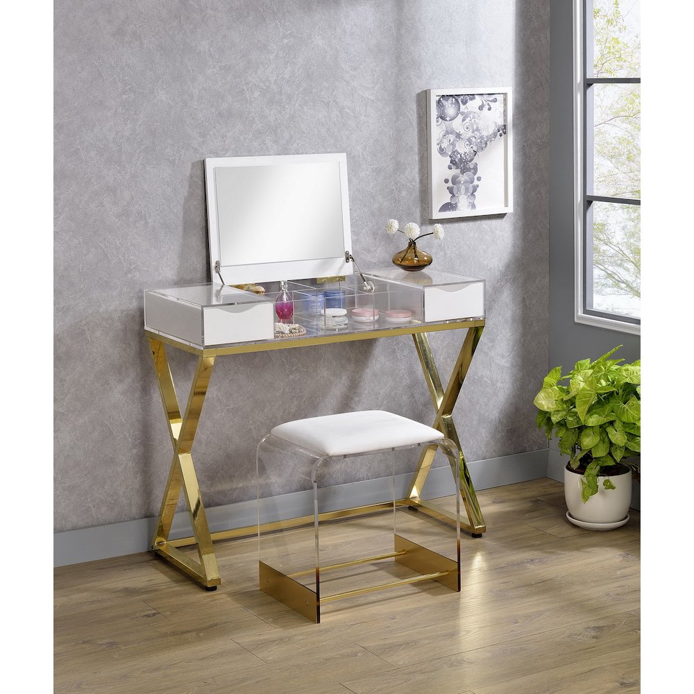 Gold Lucite Acrylic Vanity Stool Compact Glam Seat