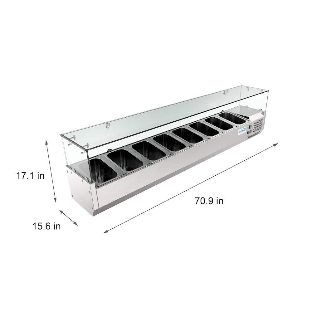 71 in. Eight Pan Refrigerated Countertop Condiment Prep Station -