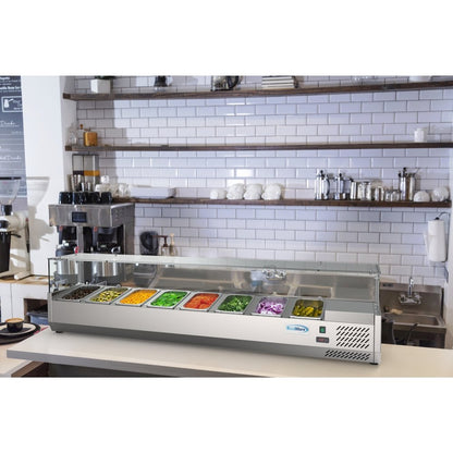 71 in. Eight Pan Refrigerated Countertop Condiment Prep Station -
