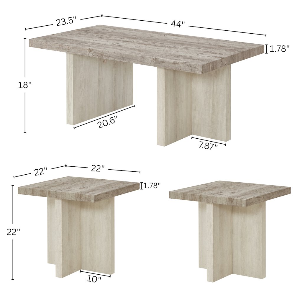 3-Piece Coffee Table Set, Coffee Table, Two End Tables, Weathered Gray and Beige