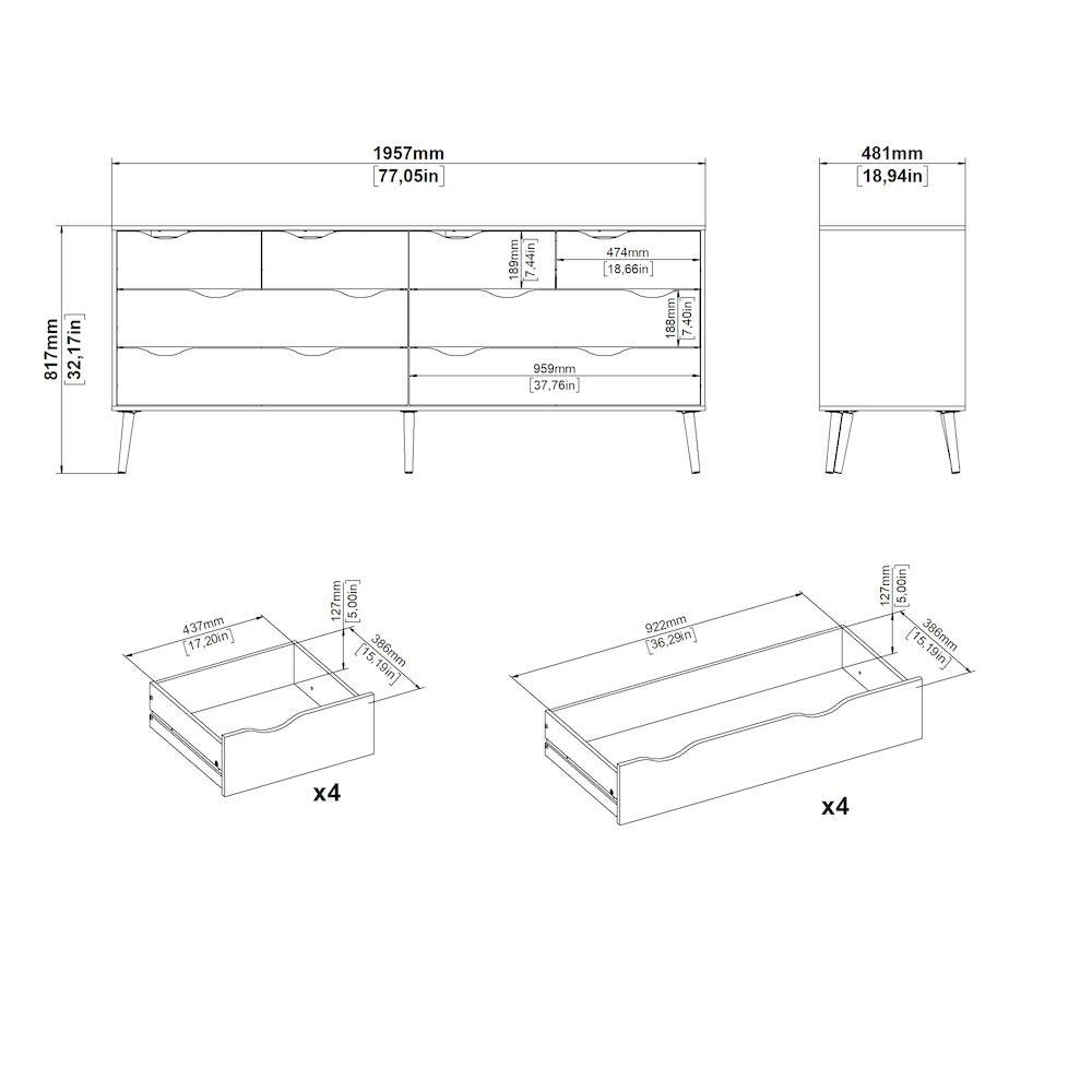 Diana 8 Drawer Double Dresser, White/Oak Structure