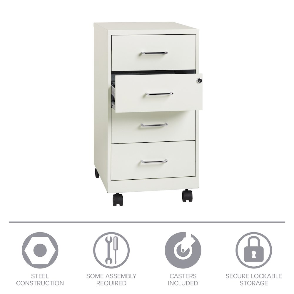 Space Solutions 18" Deep 4 Drawer Metal Mobile Organizer, Locking, Pearl White