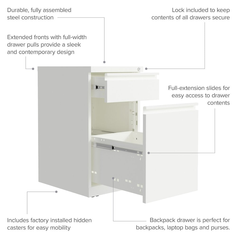 Hirsh 20" Deep Mobile File Cabinet 2 Drawer with XL Backpack Drawer, White
