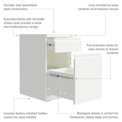 Hirsh 20" Deep Mobile File Cabinet 2 Drawer with XL Backpack Drawer, White