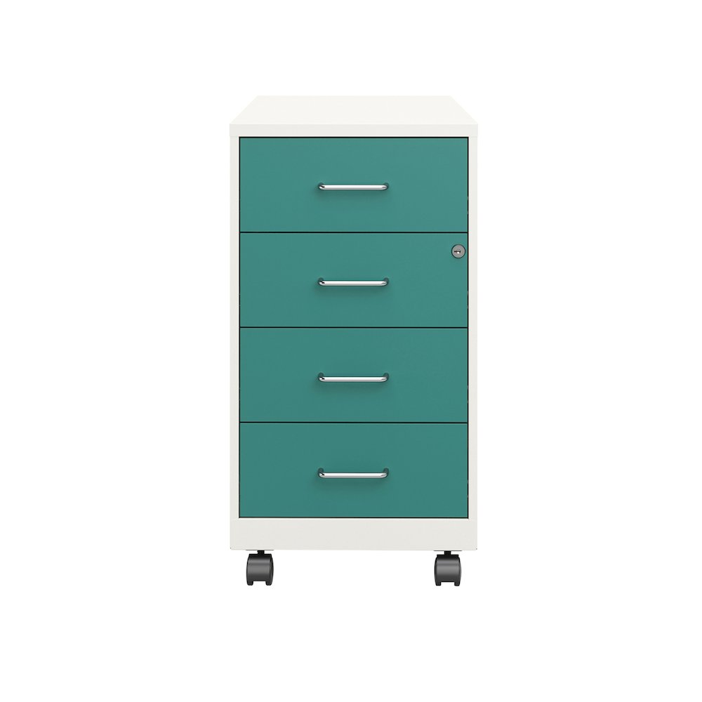 18" Deep 4-Drawer Mobile Organizer, Locking, Pearl White / Teal