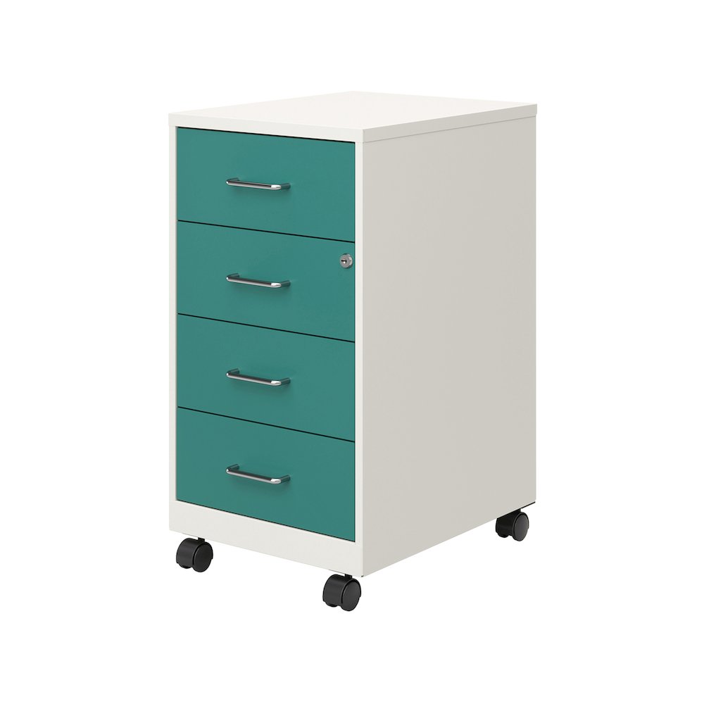 18" Deep 4-Drawer Mobile Organizer, Locking, Pearl White / Teal