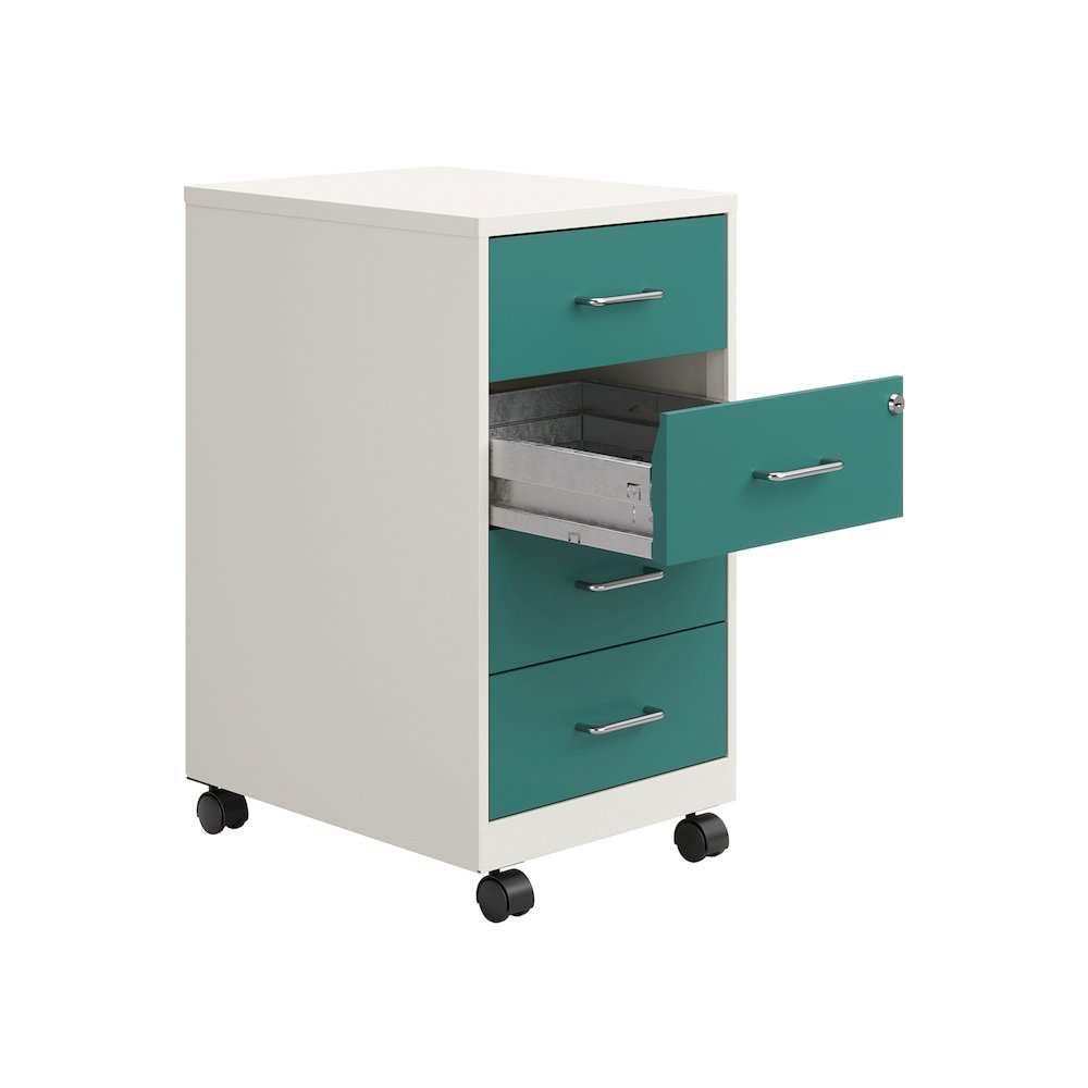 18" Deep 4-Drawer Mobile Organizer, Locking, Pearl White / Teal