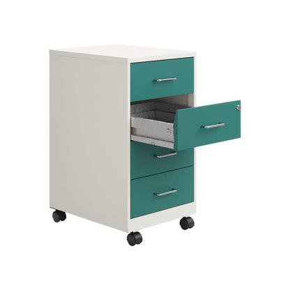 18" Deep 4-Drawer Mobile Organizer, Locking, Pearl White / Teal