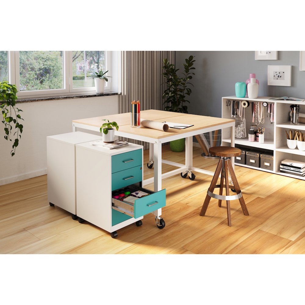 18" Deep 4-Drawer Mobile Organizer, Locking, Pearl White / Teal