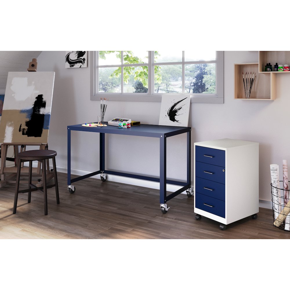 18" Deep 4-Drawer Mobile Organizer, Locking, Pearl White / Navy