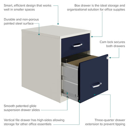 18" Deep 2-Drawer Letter Vertical File Cabinet, Pearl White / Navy