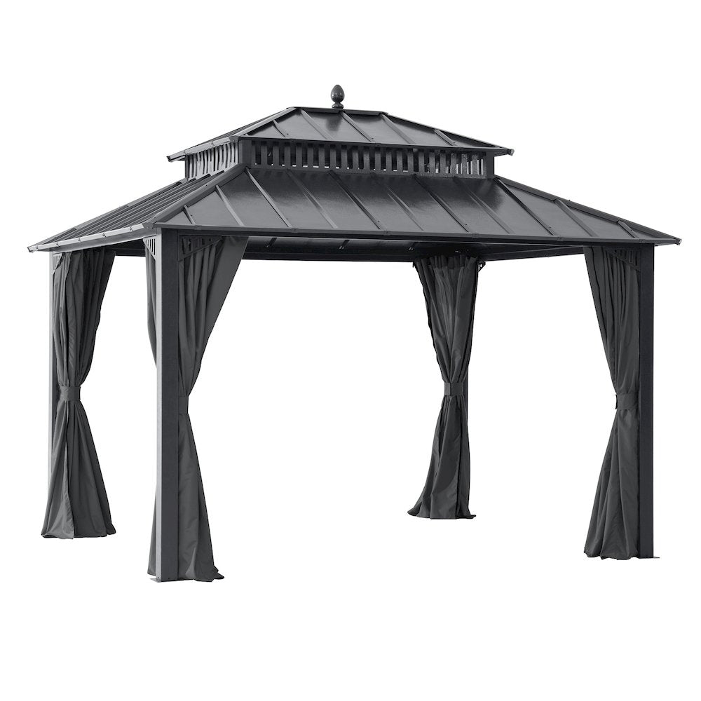 12 ft x 10 ft Hardtop Gazebo with Steel Roof, Grey Aluminum Frame - Extra-Tall