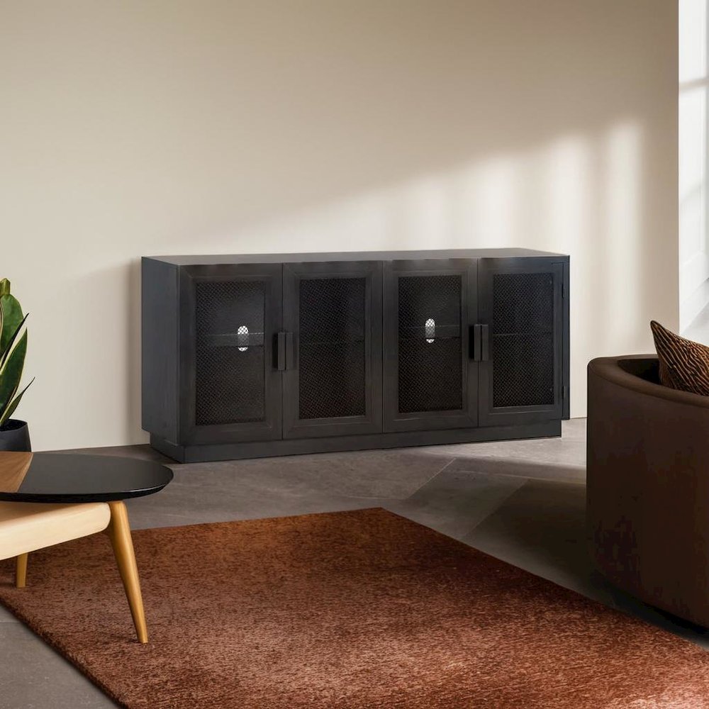 Sleek Black Wood Media Console with Adjustable Shelves for Modern Living
