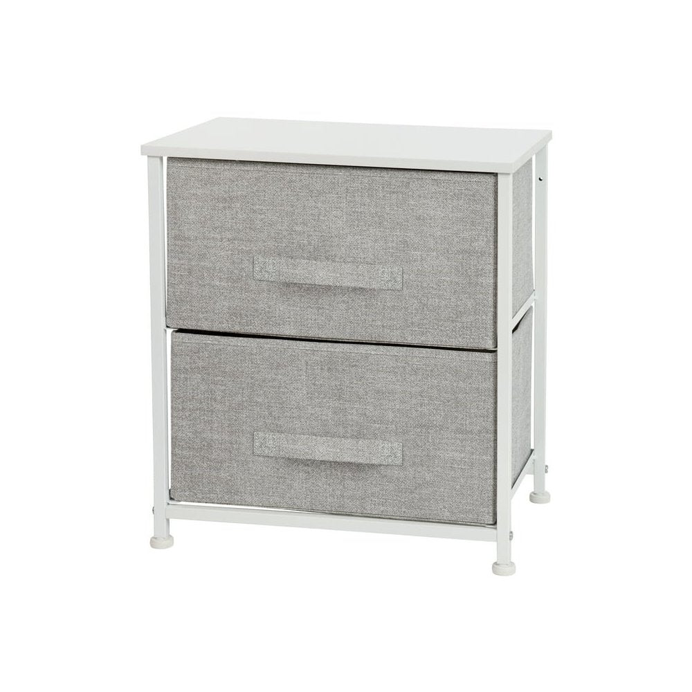 2 Drawer Wood Top White Nightstand Storage Organizer with Cast Iron Frame and Light Gray Easy Pull Fabric Drawers