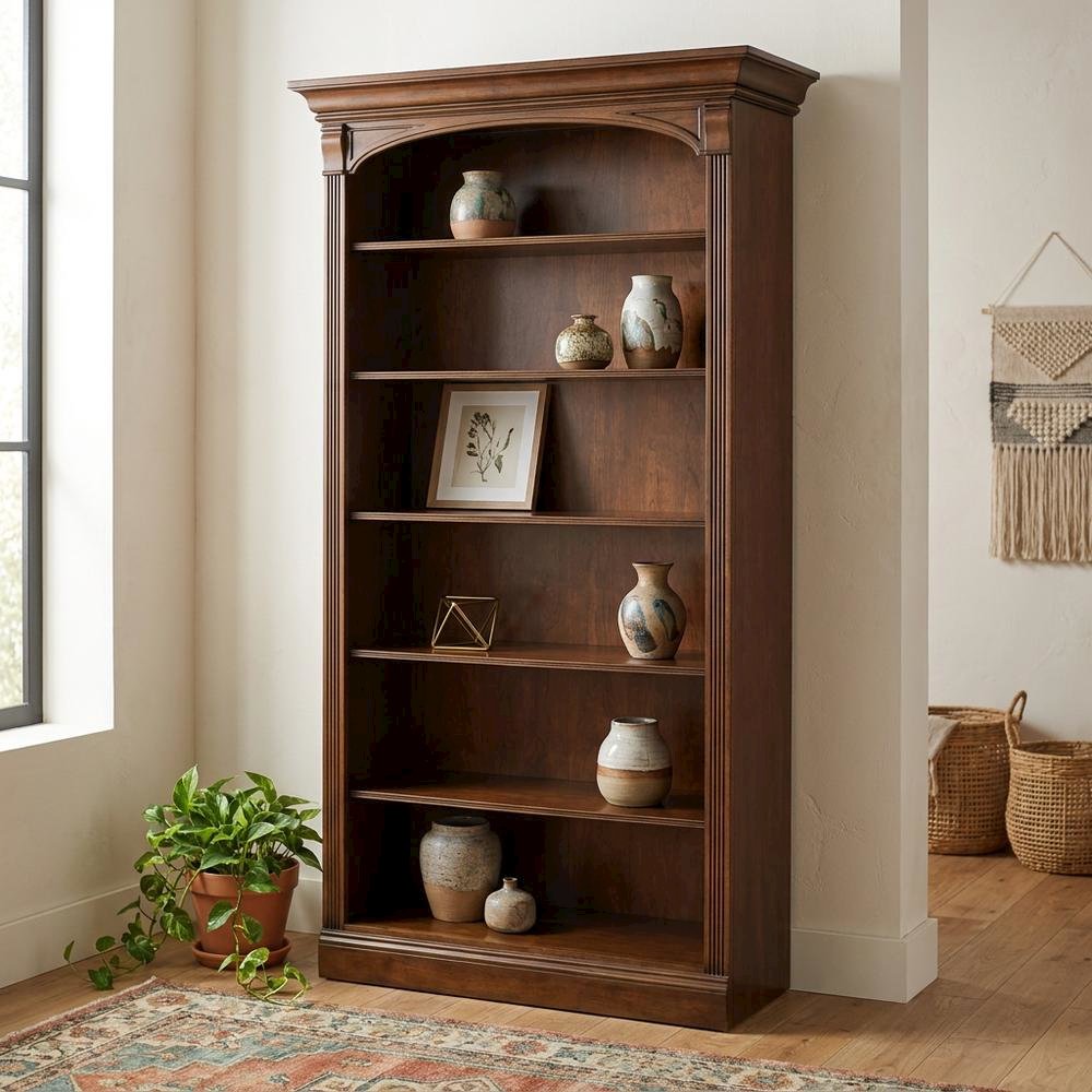 Cherry Veneer Tall Open Bookshelf with Distressed Wood Shelves for Office, Brown