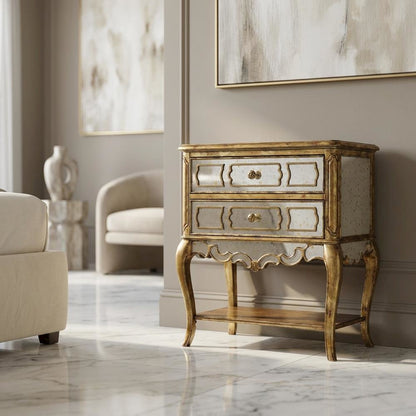 Birch Veneer Nightstand, Gold
