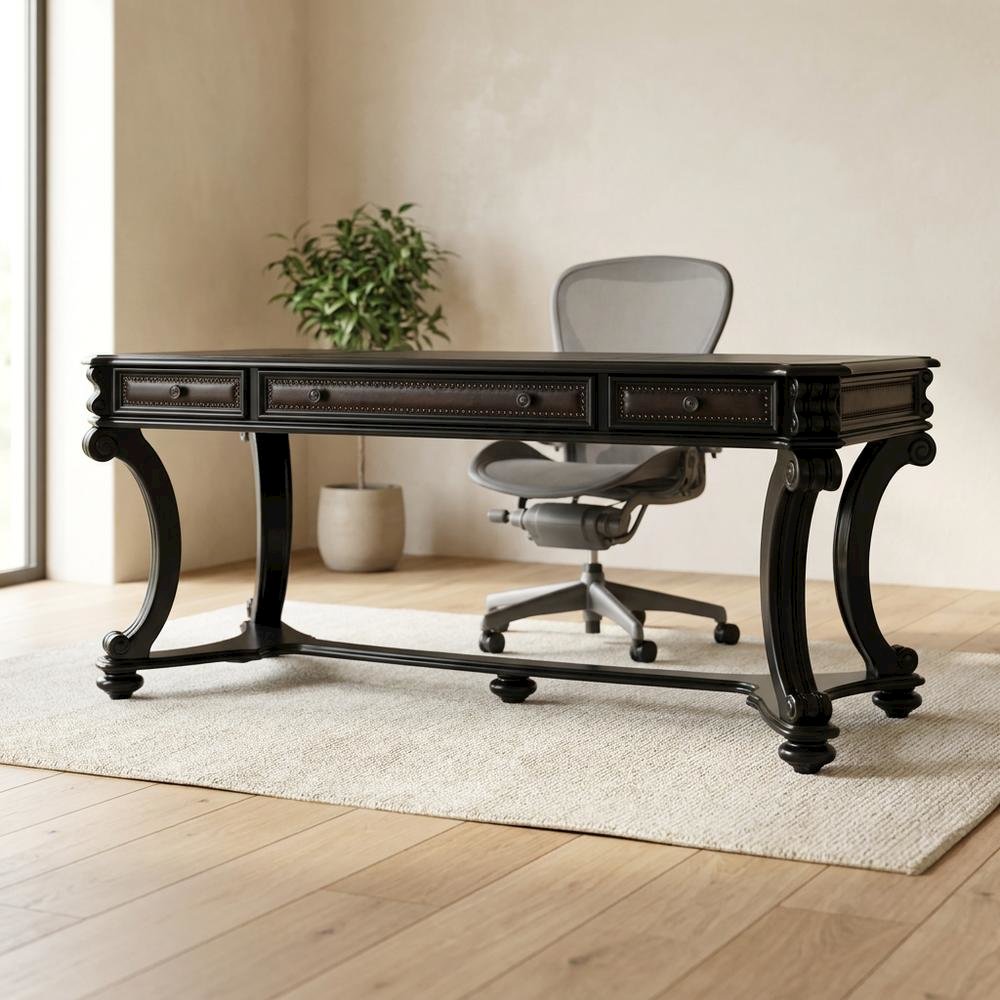 Cherry Veneer Writing Desk with Nailhead Trim and Drawers for Home Office, Black