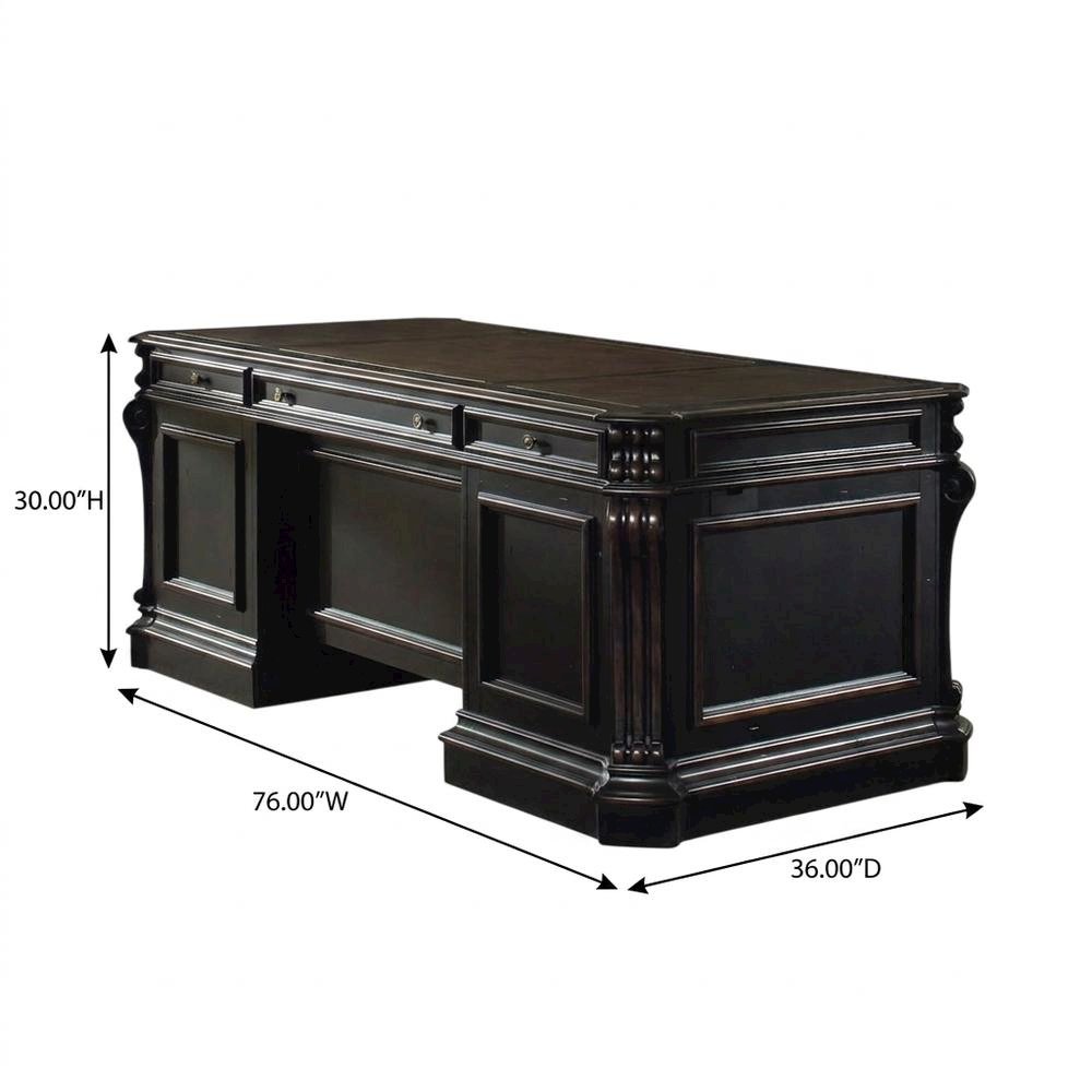 Cherry Veneer Executive Desk with Drawers, Nailhead Trim and Wood Panels, Black