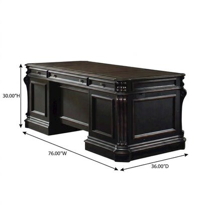 Cherry Veneer Executive Desk with Drawers, Nailhead Trim and Wood Panels, Black