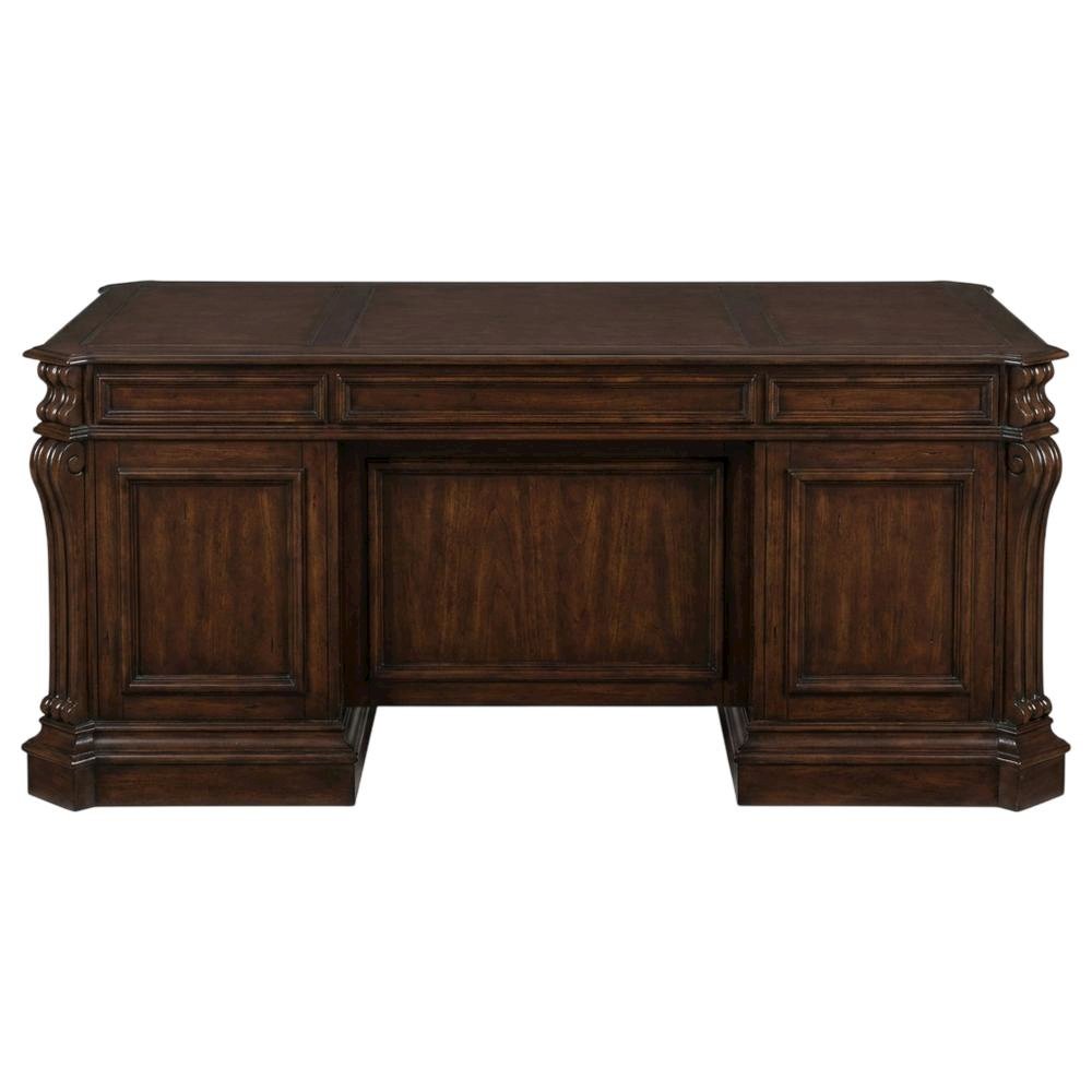 Cherry Veneer Executive Desk with Drawers, Nailhead Trim and Wood Panels, Black