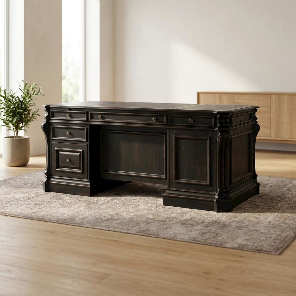 Cherry Veneer Executive Desk with Drawers, Nailhead Trim and Wood Panels, Black