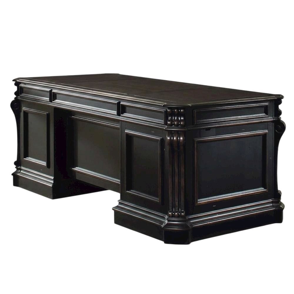 Cherry Veneer Executive Desk with Drawers, Nailhead Trim and Wood Panels, Black
