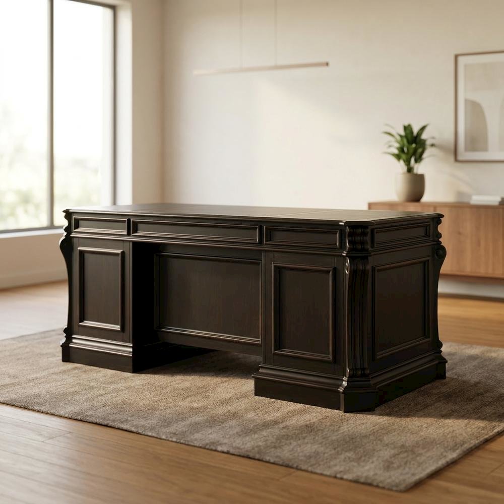Cherry Veneer Executive Desk with Drawers, Nailhead Trim and Wood Panels, Black