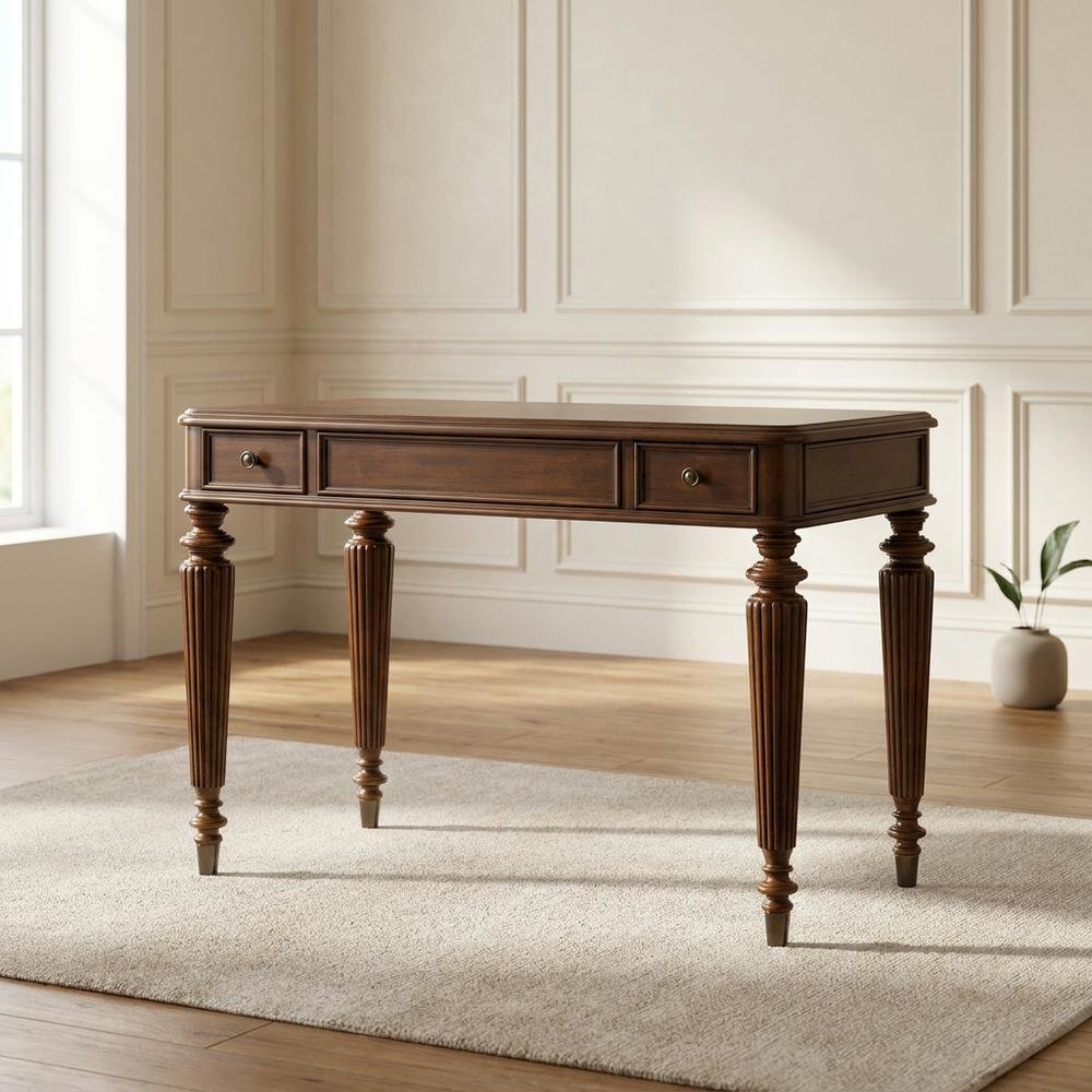 Cherry Veneer Writing Desk with 3 Drawers, Distressed-Finish, Brown