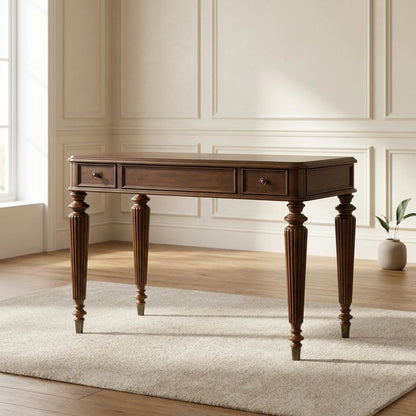 Cherry Veneer Writing Desk with 3 Drawers, Distressed-Finish, Brown