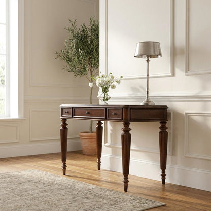 Cherry Veneer Writing Desk with 3 Drawers, Distressed-Finish, Brown