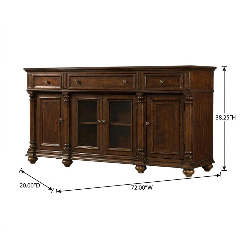 Mahogany Veneer Buffet with Distressed Cathedral Swirl Finish, Drawers, Brown