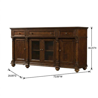 Mahogany Veneer Buffet with Distressed Cathedral Swirl Finish, Drawers, Brown