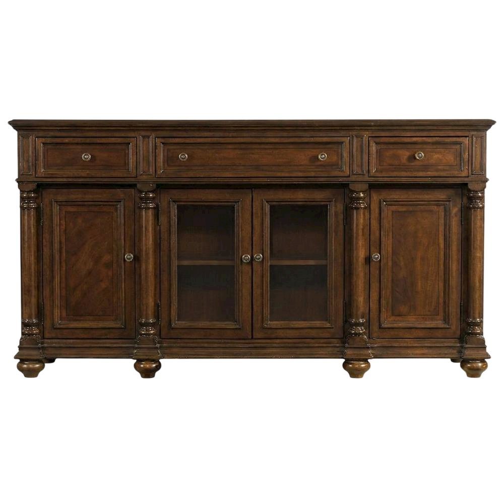 Mahogany Veneer Buffet with Distressed Cathedral Swirl Finish, Drawers, Brown
